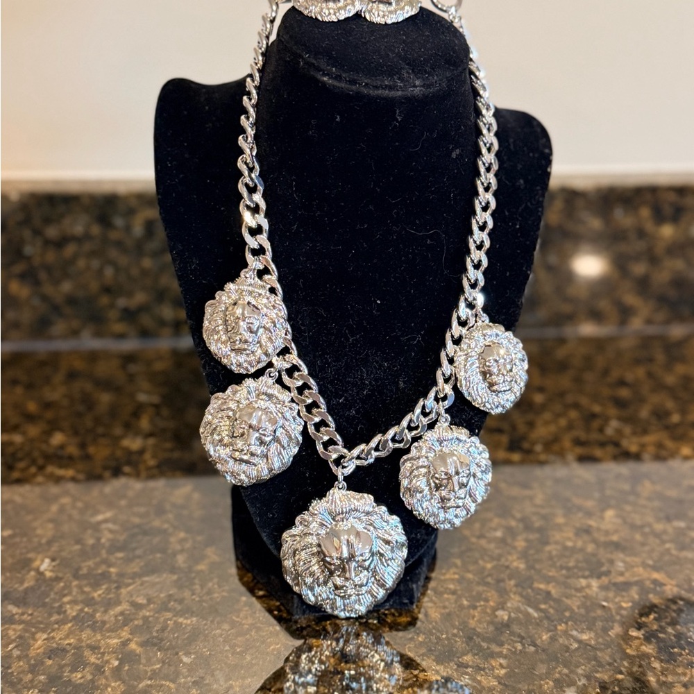 Silver Lion Head Statement Necklace